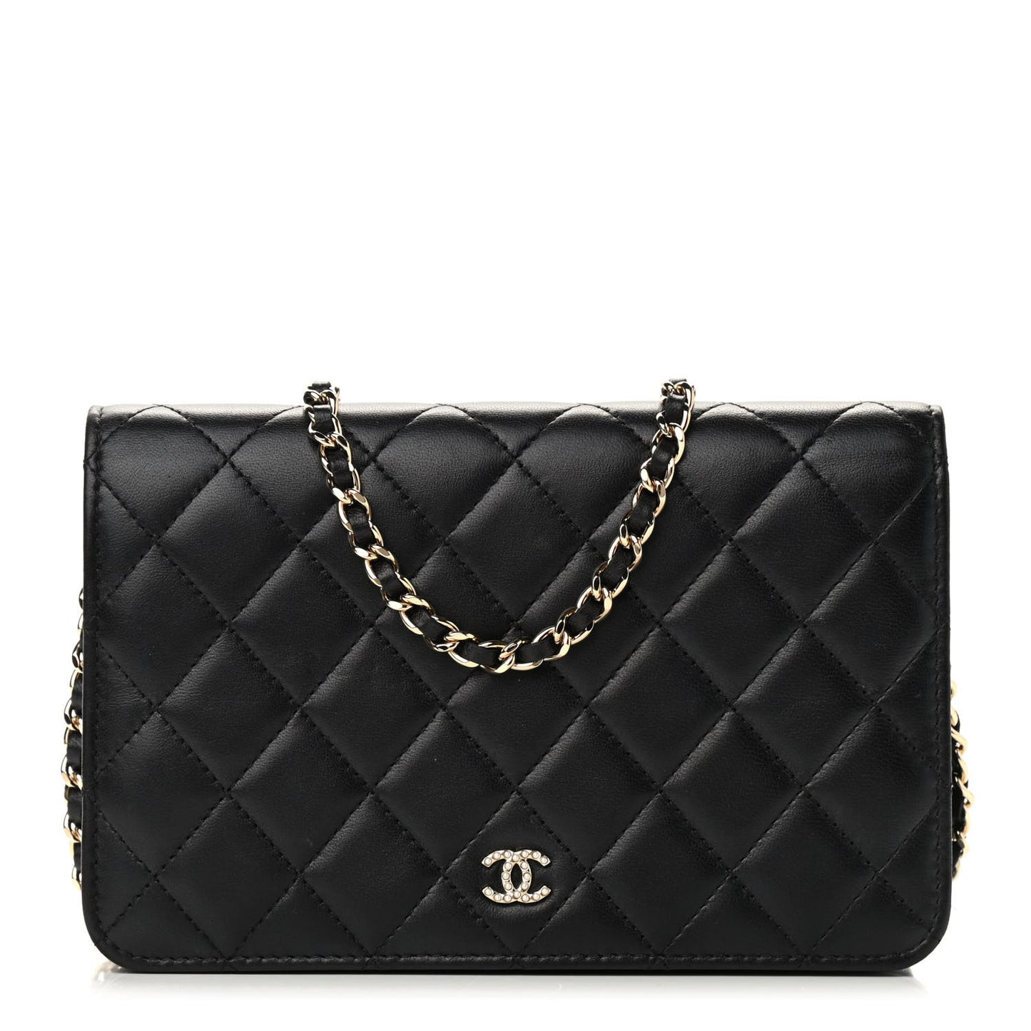 Lambskin Quilted Pearl Wallet On Chain WOC Black