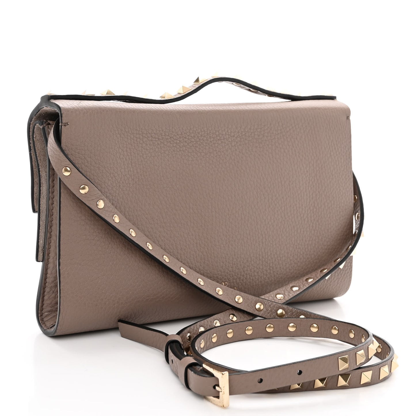 Grainy Calfskin Rockstud Double Flap Crossbody Bag Poudre