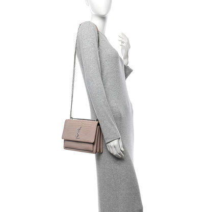 Saint Laurent Calfskin Crocodile Embossed Medium Monogram Sunset Rose Antic 2 of 25