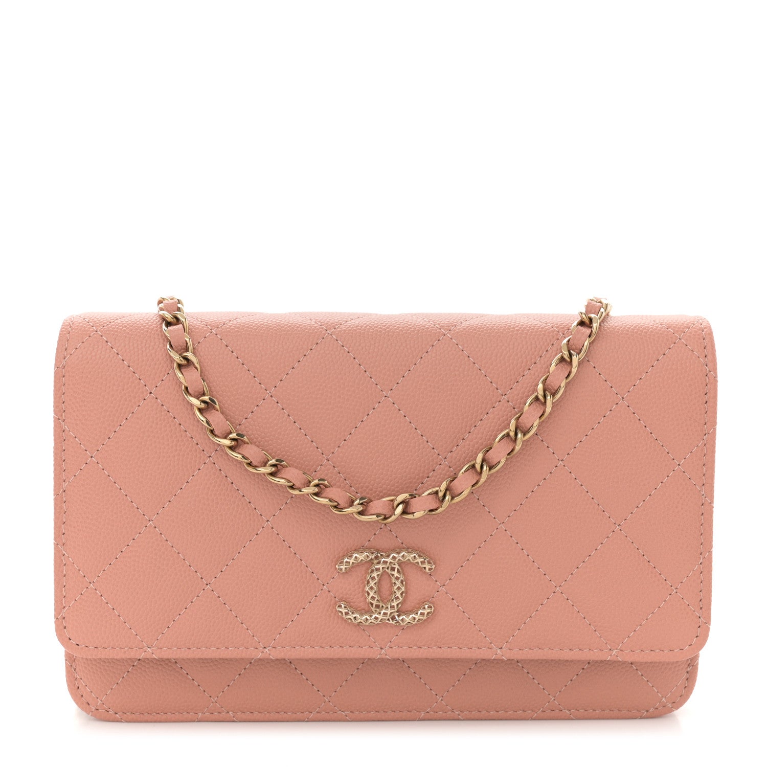 Chanel Caviar Quilted Perforated Metal CC Wallet On Chain WOC Beige 1 of 12