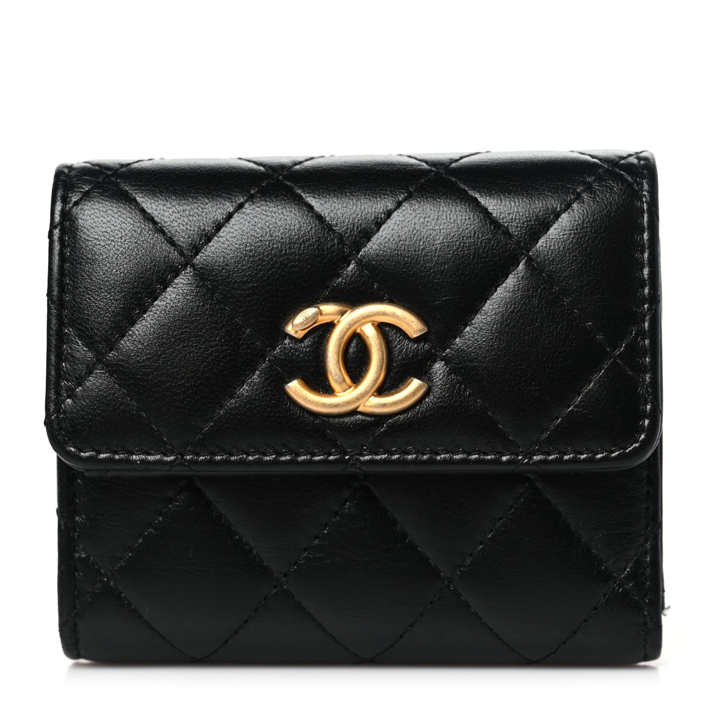 Lambskin Quilted CC Compact Bifold Wallet Black