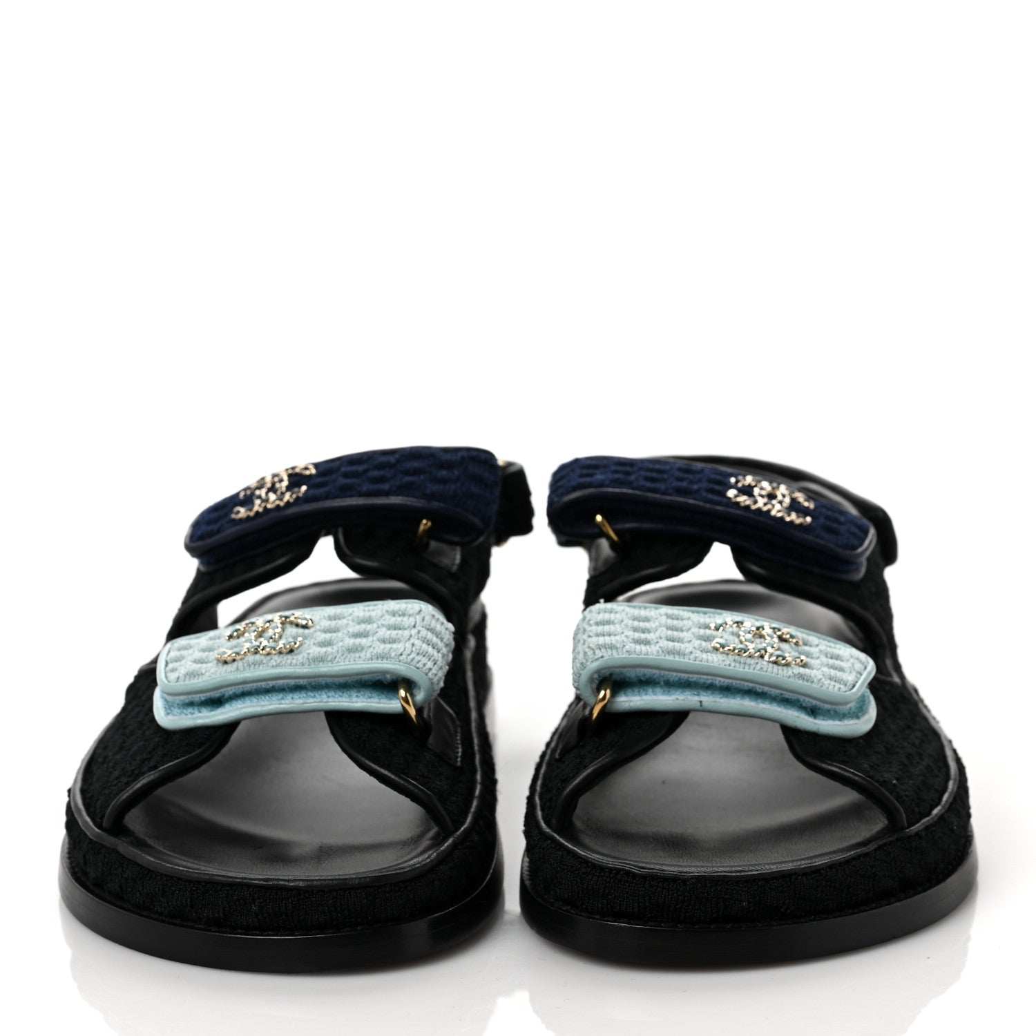 Chanel Knit Fabric Velcro Dad Sandals 38 Black Dark Blue Light Blue 2 of 9