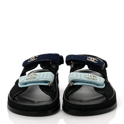 Chanel Knit Fabric Velcro Dad Sandals 38 Black Dark Blue Light Blue 2 of 9