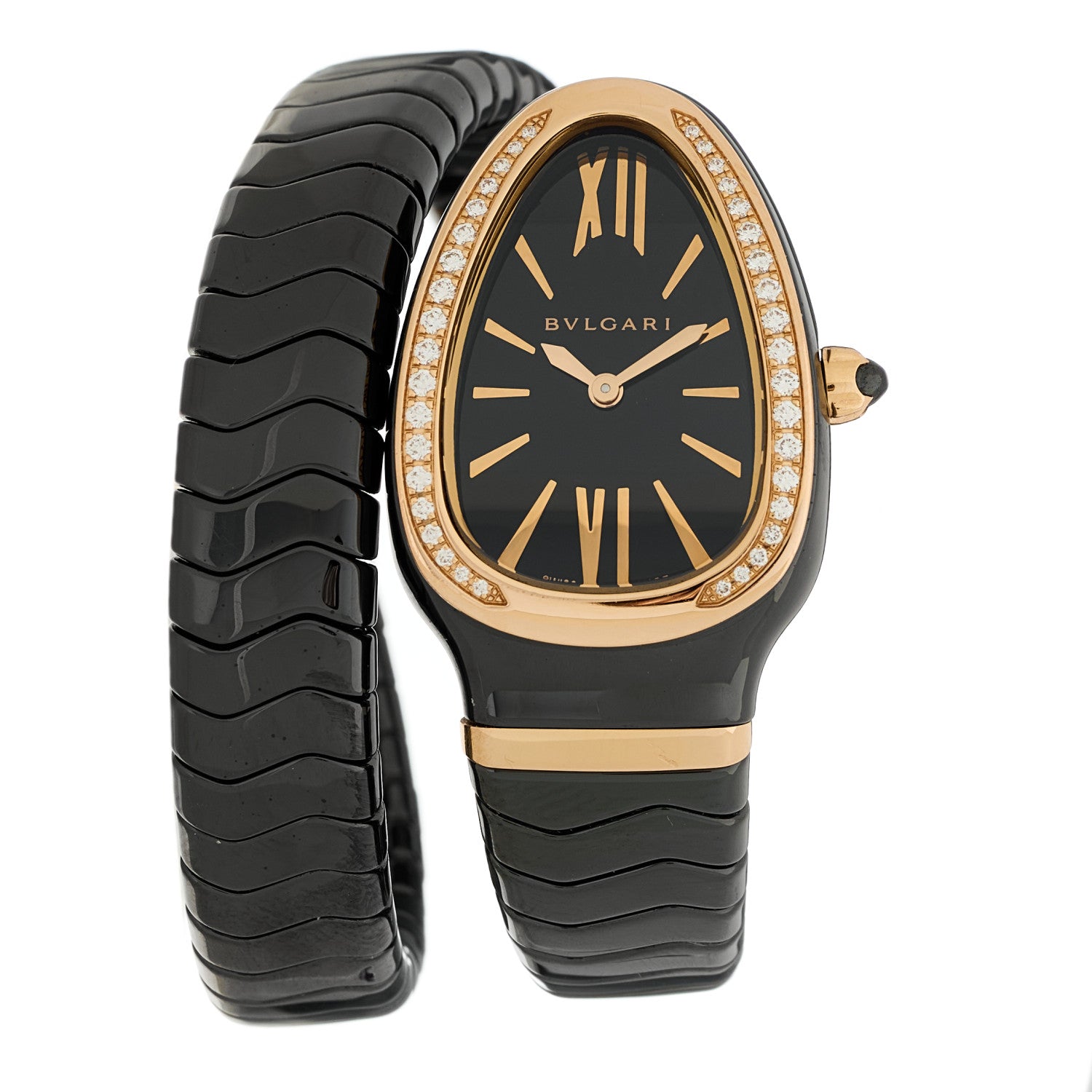 Bulgari 18K Rose Gold Ceramic Diamond Bezel 35mm Serpenti Tubogas Quartz Watch Black 1 of 5