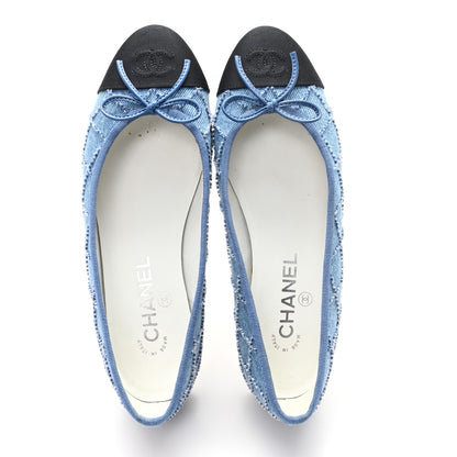 Chanel Denim Embroidered Grosgrain CC Cap Toe Ballerina Flats 37.5 Blue Black 2 of 10
