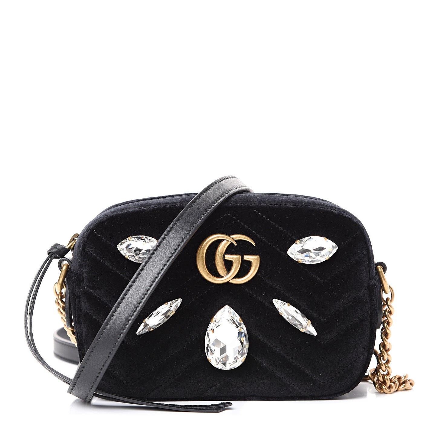 Velvet Matelasse Marquise Crystals Mini GG Marmont Chain Shoulder Bag Black