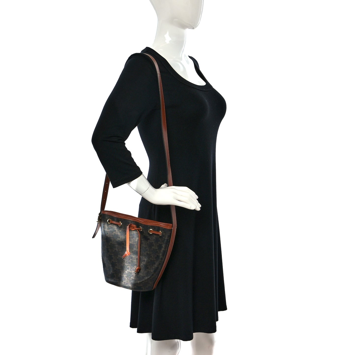 Triomphe Canvas Calfskin Small Drawstring Bucket Bag Tan