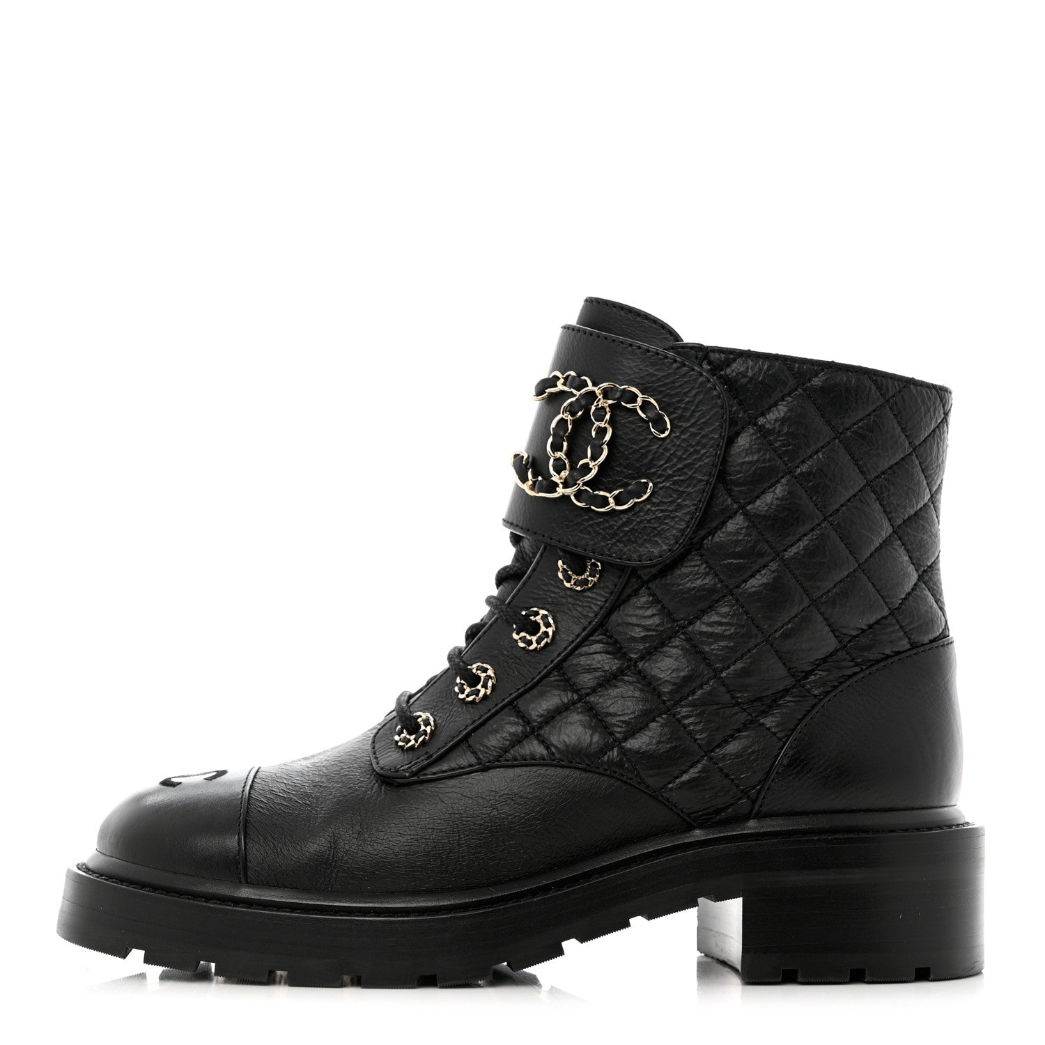Chanel Shiny Goatskin Calfskin Quilted Lace Up Combat Boots 39 Black 1 of 10
