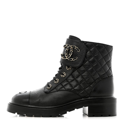 Chanel Shiny Goatskin Calfskin Quilted Lace Up Combat Boots 39 Black 1 of 10