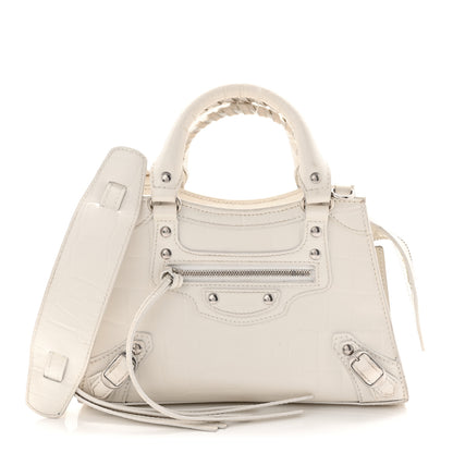 Balenciaga Extra Supple Calfskin Crocodile Embossed Neo Classic Silver Hardware Super Mini City White 1 of 11