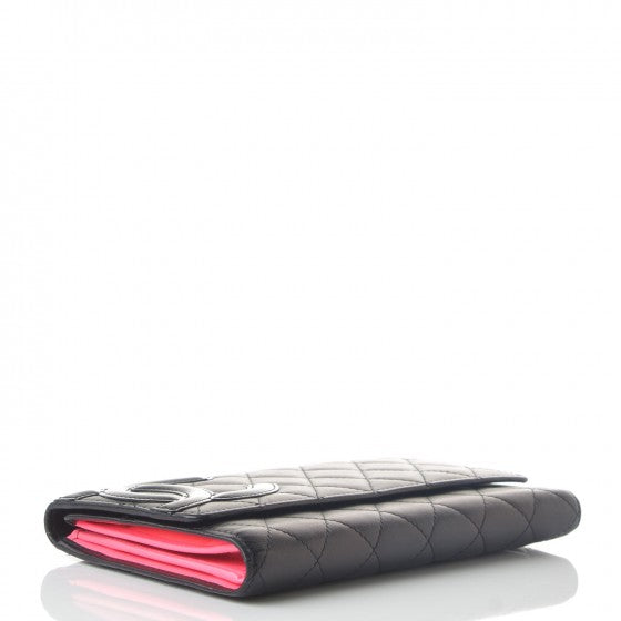 Calfskin Quilted Cambon Tri-Fold Wallet Black