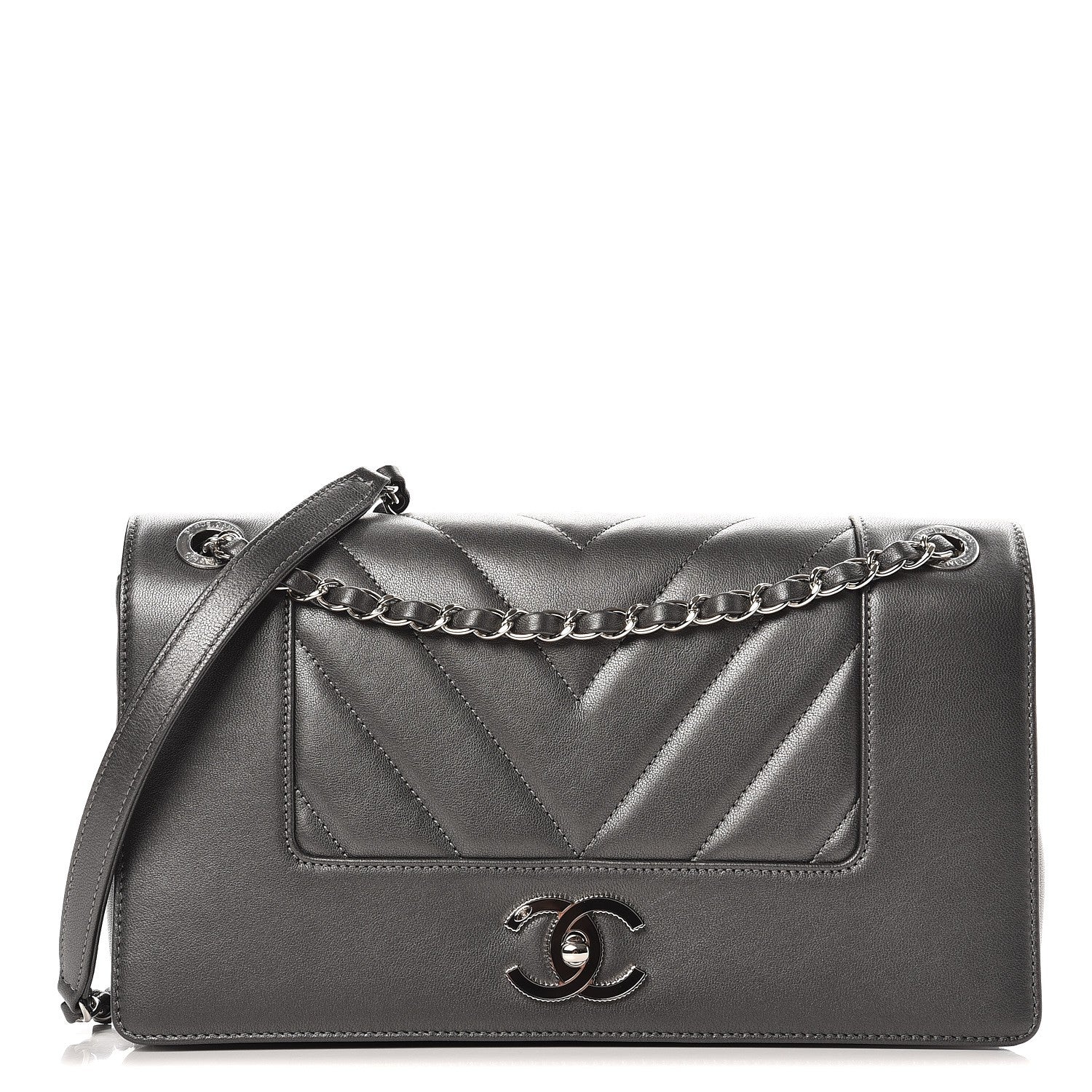 Chanel Sheepskin Chevron Quilted Vintage Mademoiselle Flap Dark Grey 1 of 11