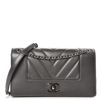 Chanel Sheepskin Chevron Quilted Vintage Mademoiselle Flap Dark Grey 1 of 11