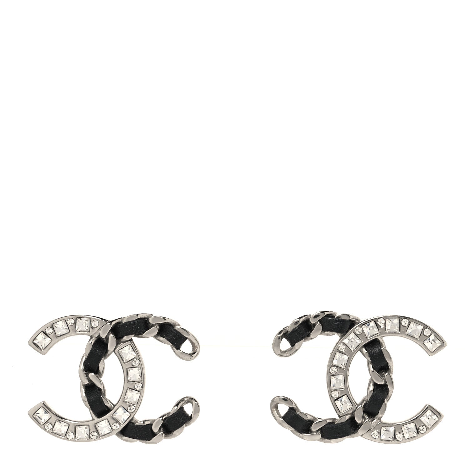 Chanel Crystal Baguette Lambskin Chain CC Vintage Allure Stud Earrings Black Silver 2 of 8