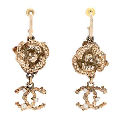 Chanel Metal Pearl CC Camellia Dangle Earrings Gold 1 of 9