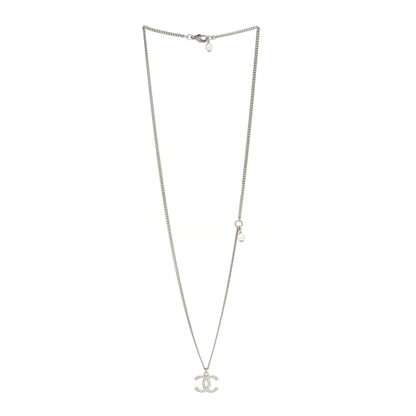 Crystal Pearl CC Pendant Necklace Silver
