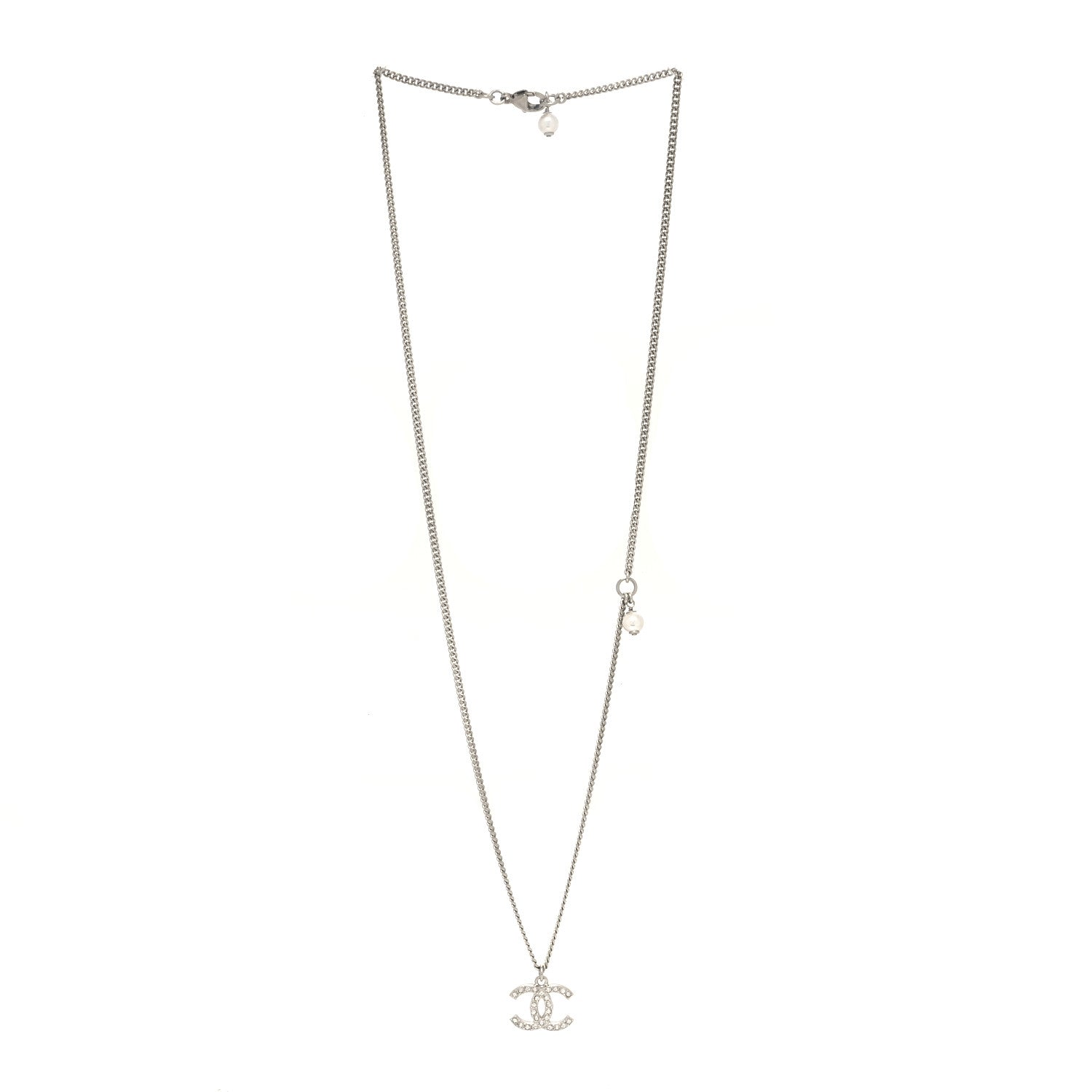 Chanel Crystal Pearl CC Pendant Necklace Silver 3 of 5
