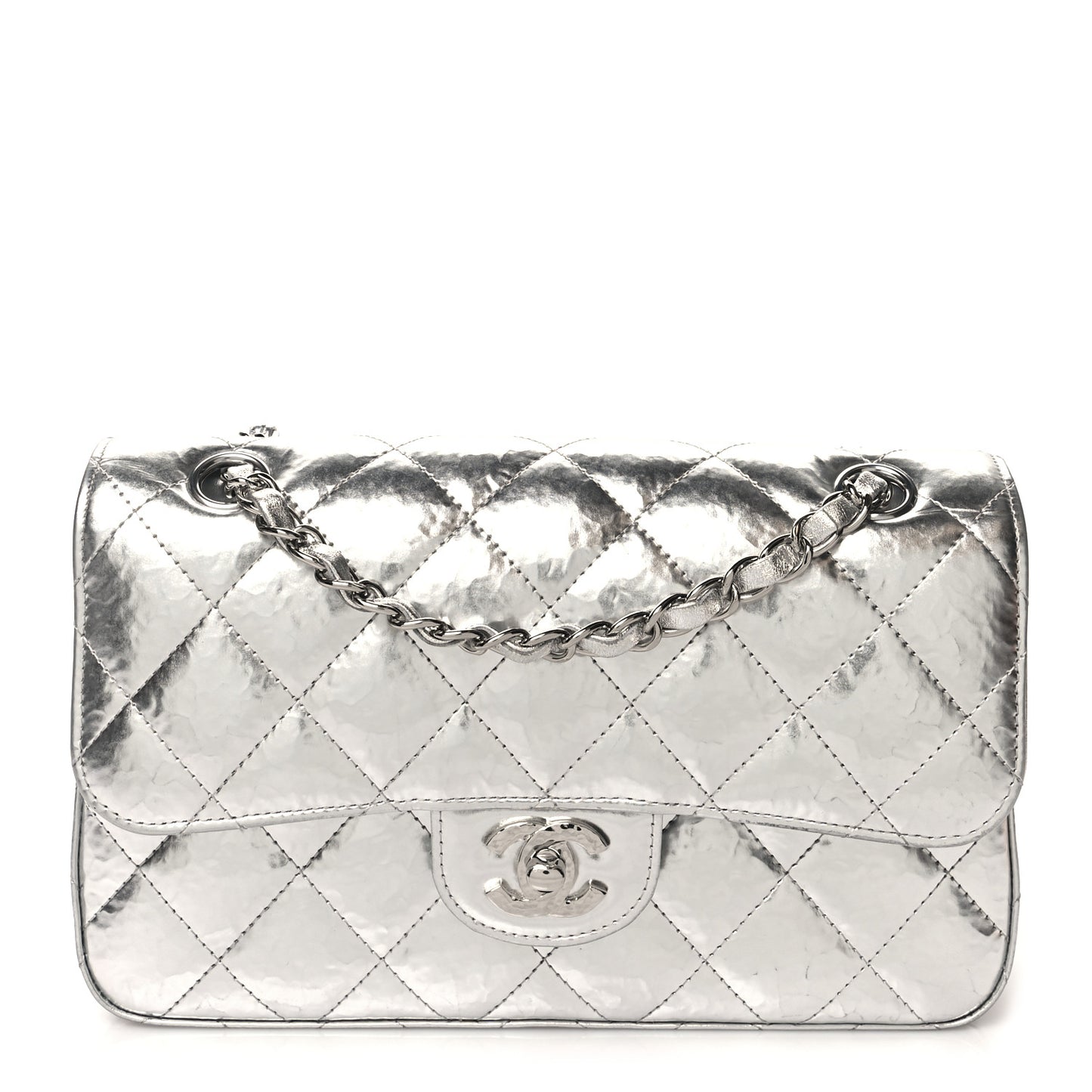 Hammered Metallic Calfskin Quilted Small Double Flap Silver
