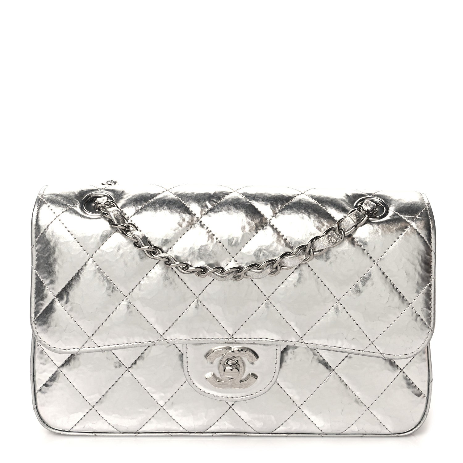 Chanel Hammered Metallic Calfskin Quilted Small Double Flap Silver 1 of 13