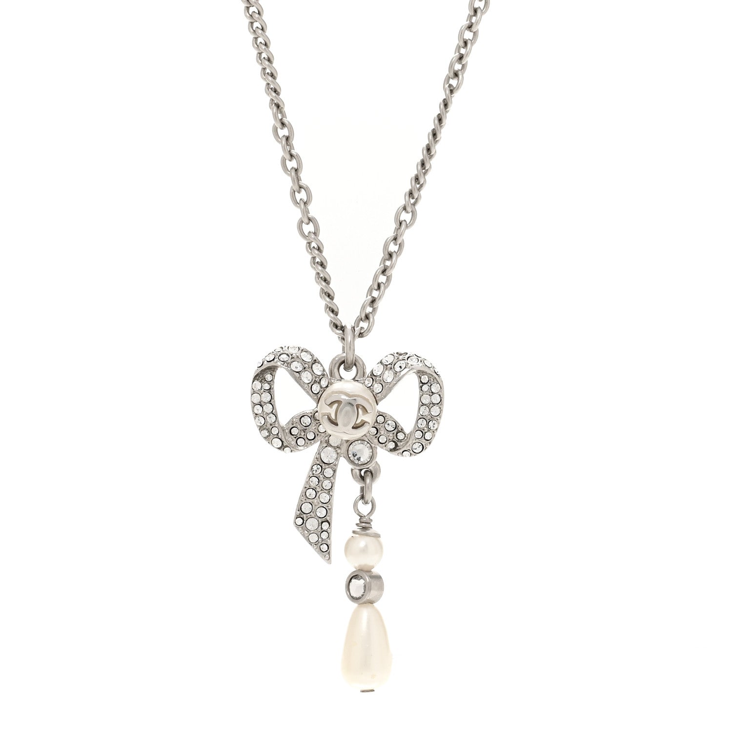 Chanel Crystal Pearl Bow CC Necklace Silver 4 of 5