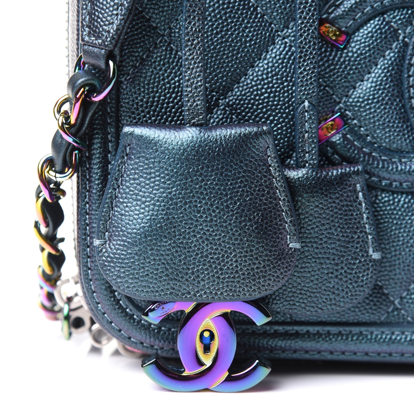 Iridescent Caviar Quilted Medium CC Filigree Vanity Case Dark Turquoise