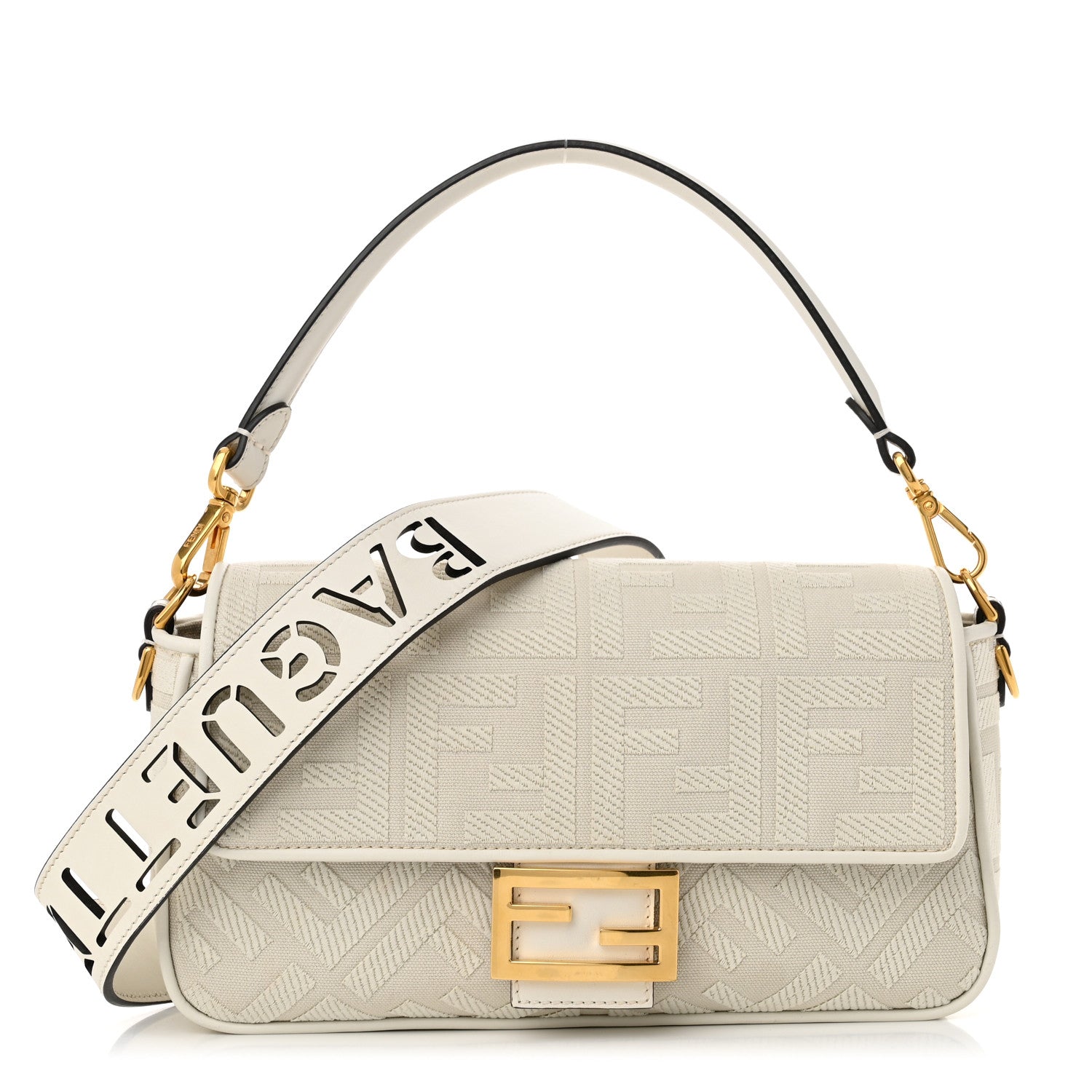 Fendi Canvas Vitello King Extra Strap FF Embroidered Baguette White Ice 1 of 12