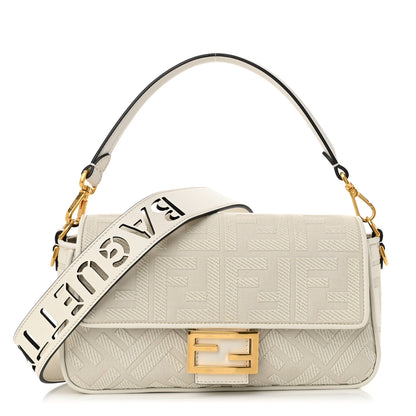 Fendi Canvas Vitello King Extra Strap FF Embroidered Baguette White Ice 1 of 12