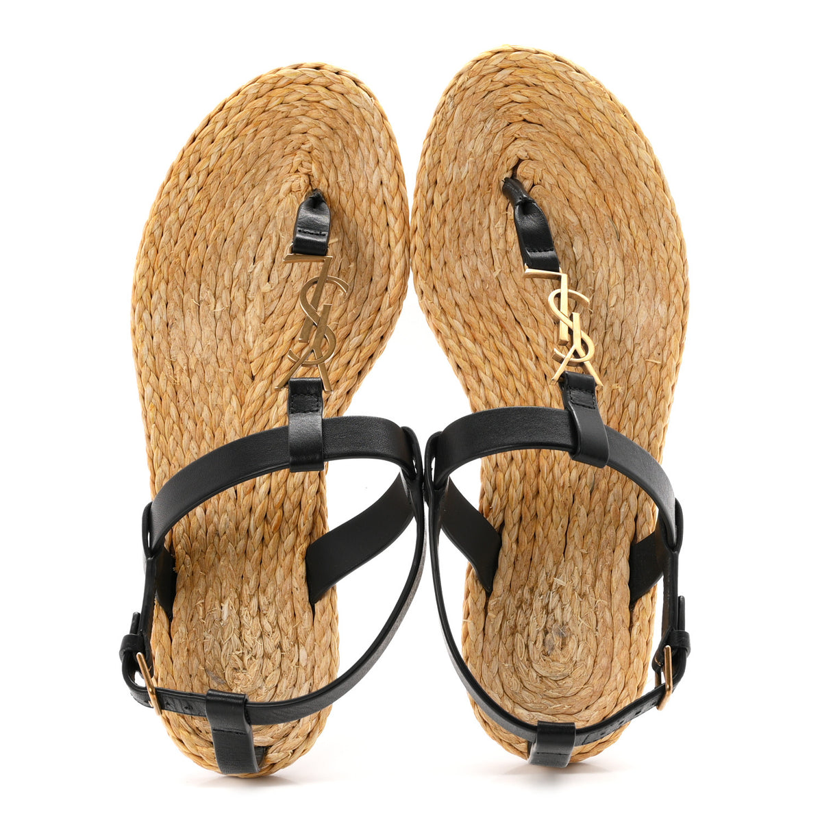 Saint Laurent Calfskin Raffia Cassandra Monogram Sandals 37.5 Black 2 of 10