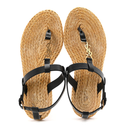 Saint Laurent Calfskin Raffia Cassandra Monogram Sandals 37.5 Black 2 of 10