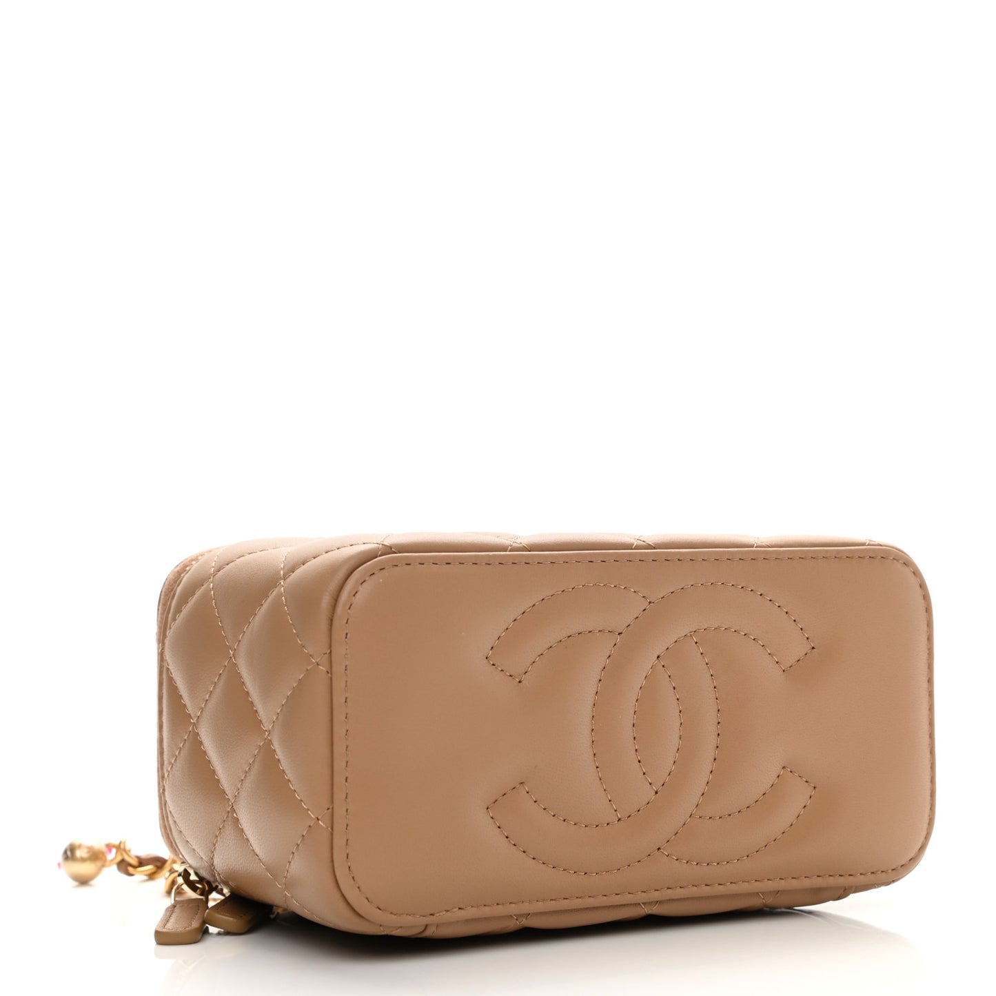 Lambskin Quilted Pearl Crush Small Vanity Case With Chain Beige