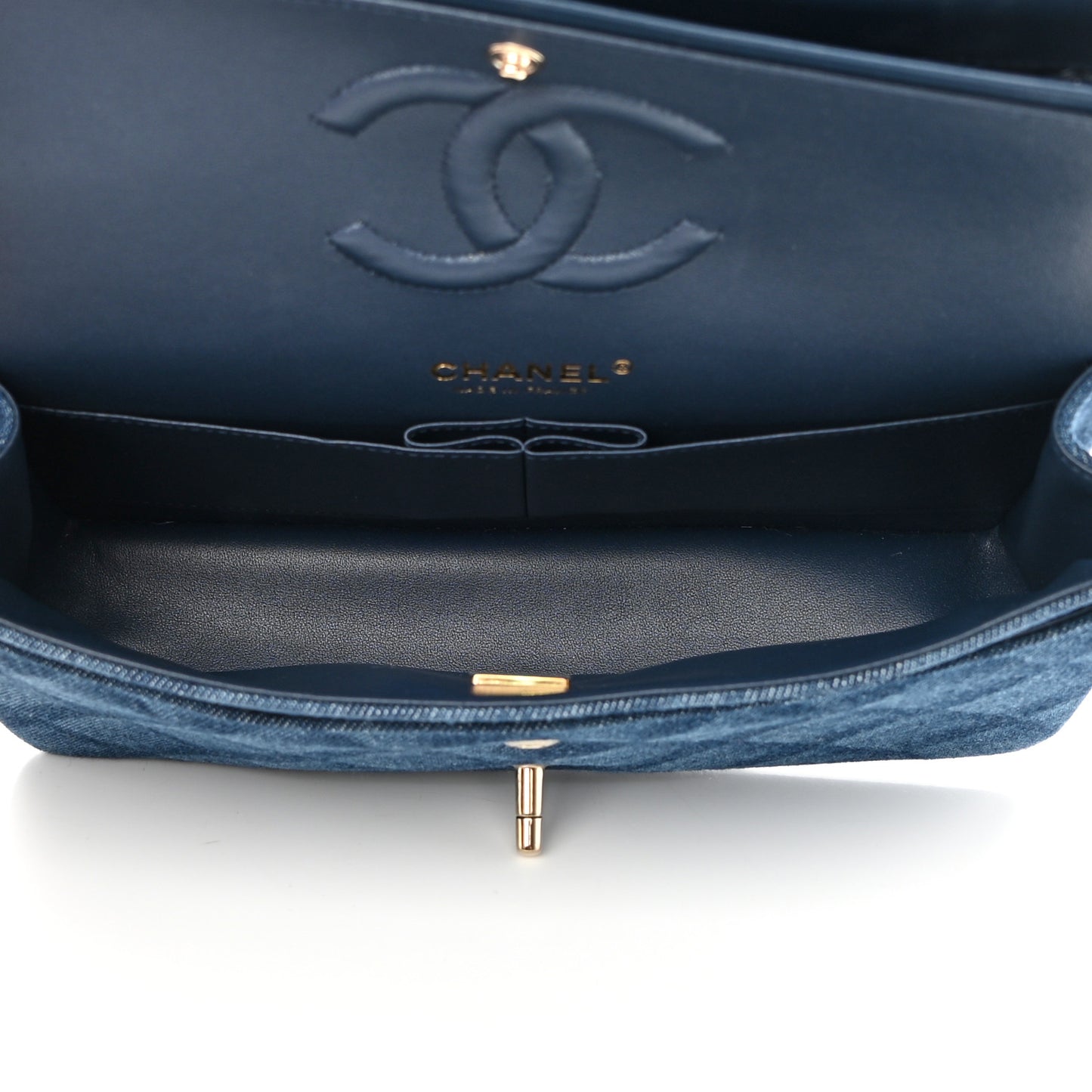Printed Denim Quilted Medium Double Flap Dark Blue