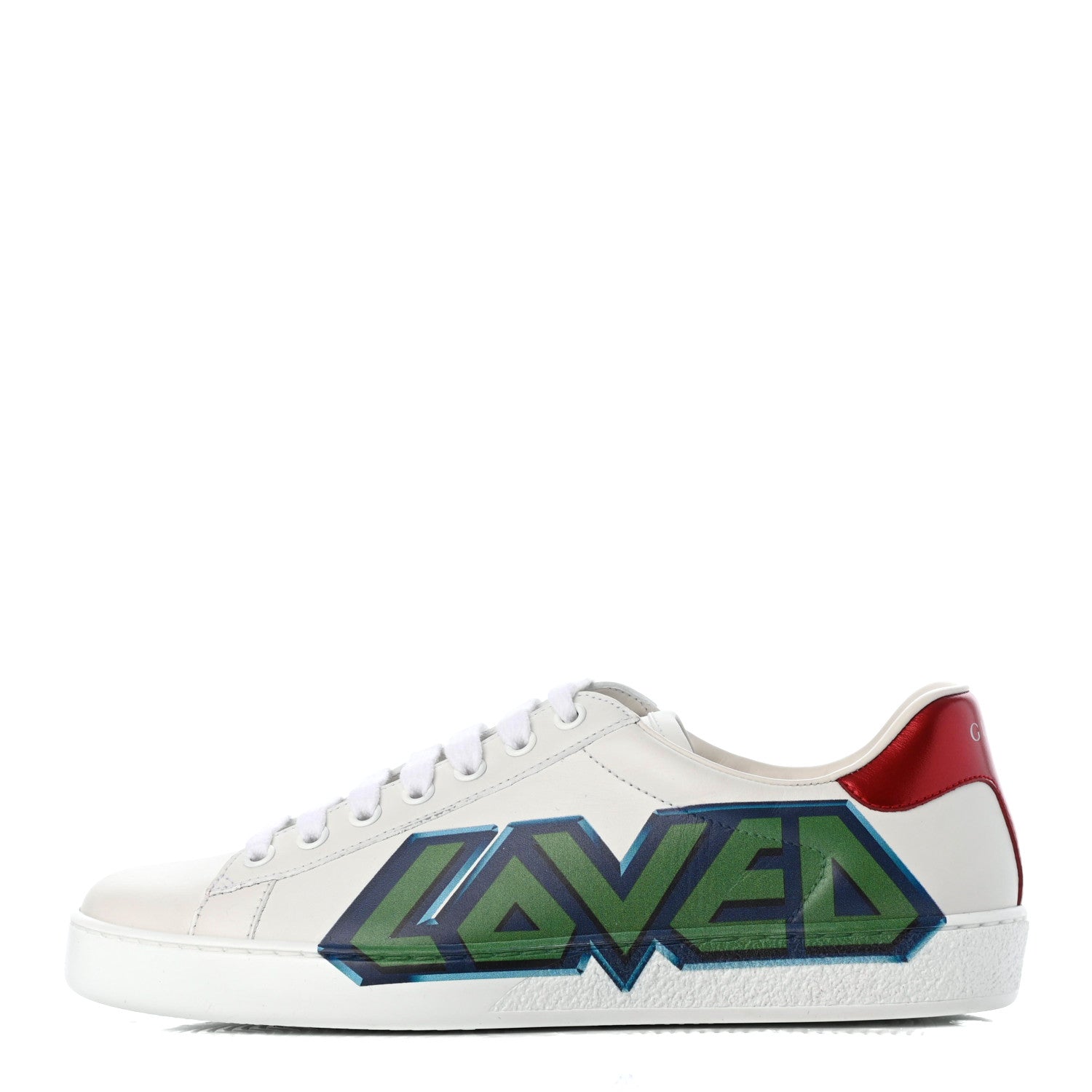 Gucci Calfskin Nappa LOVED Print Mens Ace Sneakers 5 White Red Flame Green 1 of 8