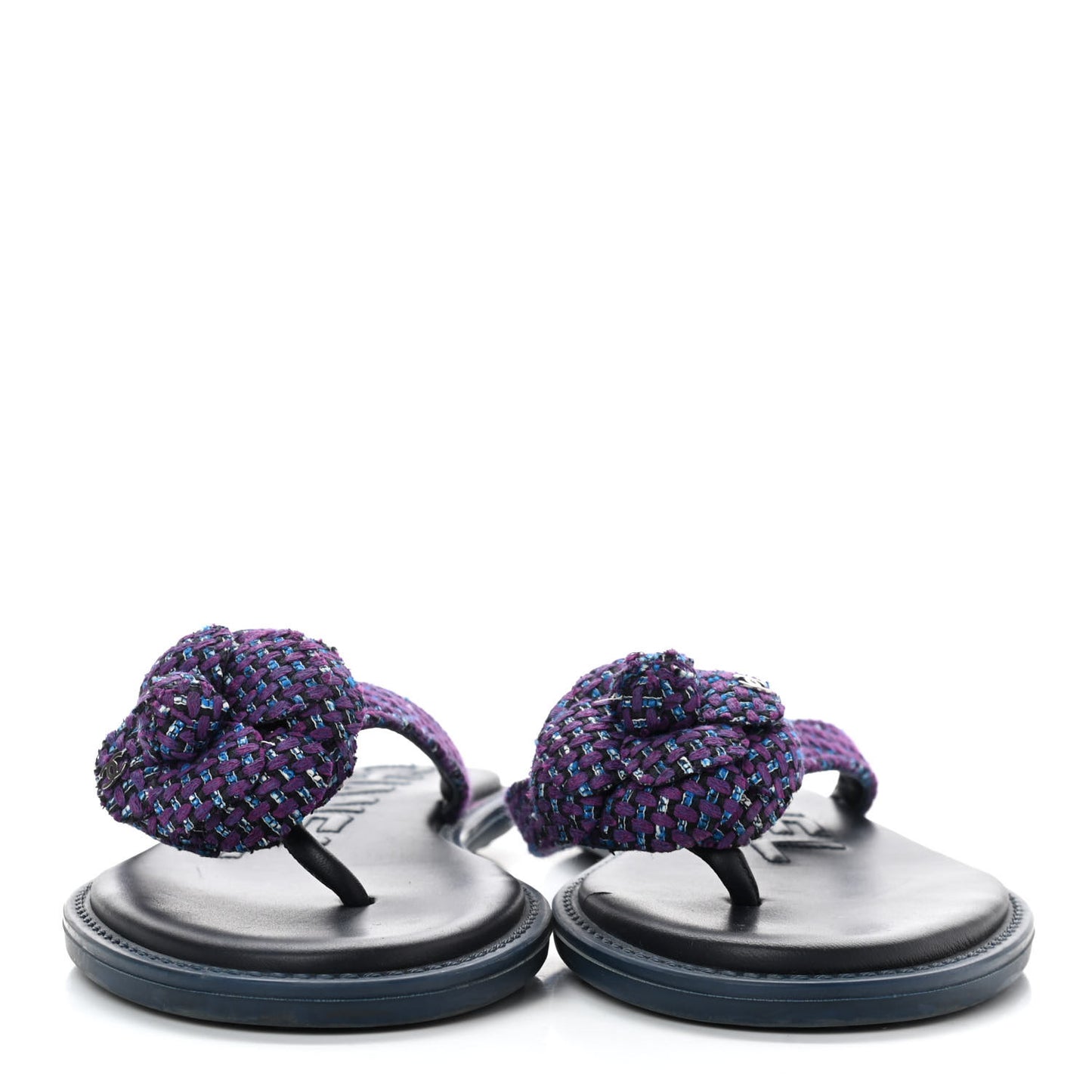 Tweed Quilted Camellia Thong Sandals 39 Purple Blue Black
