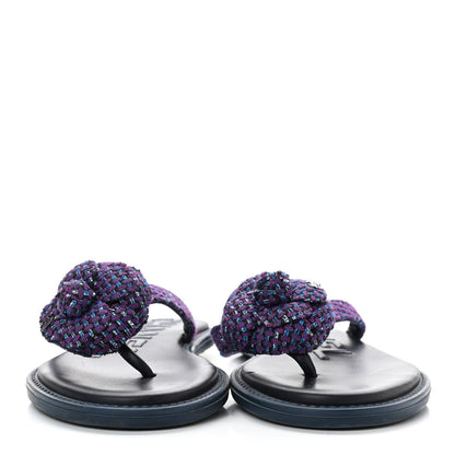 Chanel Tweed Quilted Camellia Thong Sandals 39 Purple Blue Black 2 of 10