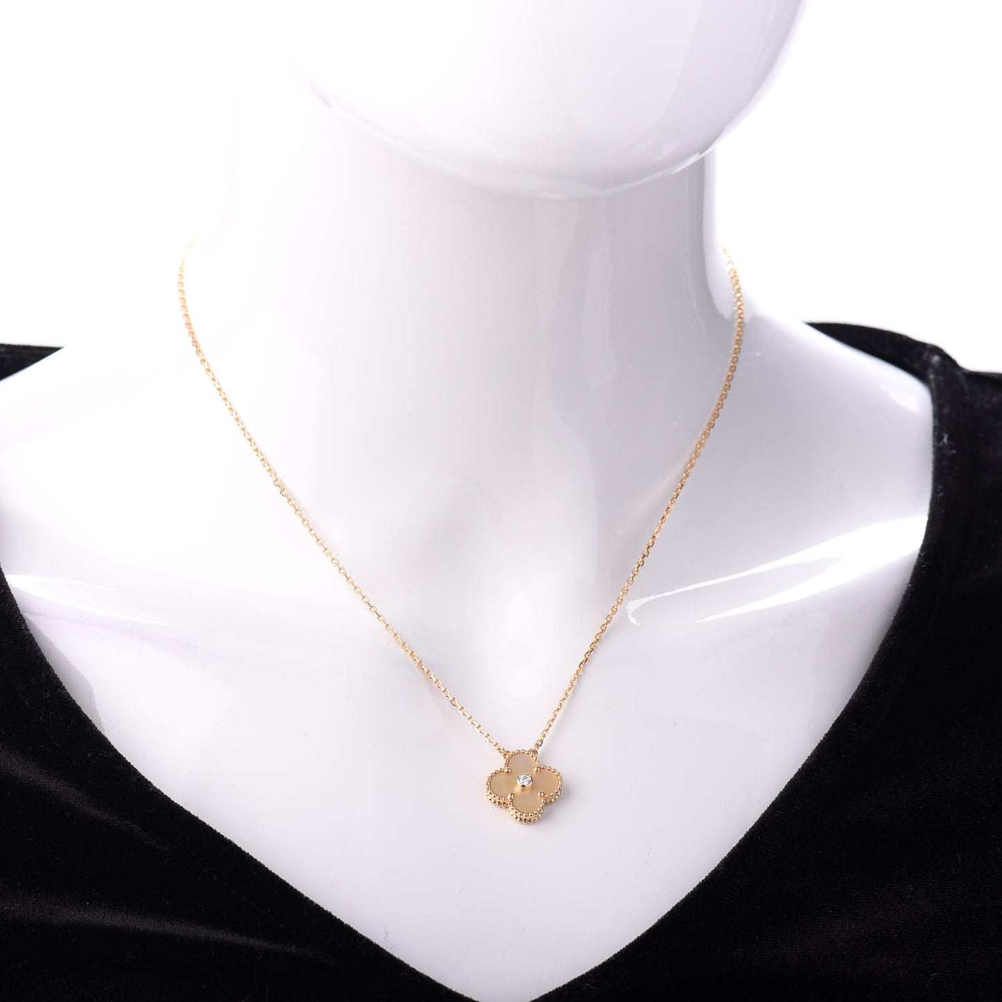 18K Yellow Gold Diamond Yellow Mother of Pearl Vintage Alhambra Pendant Necklace