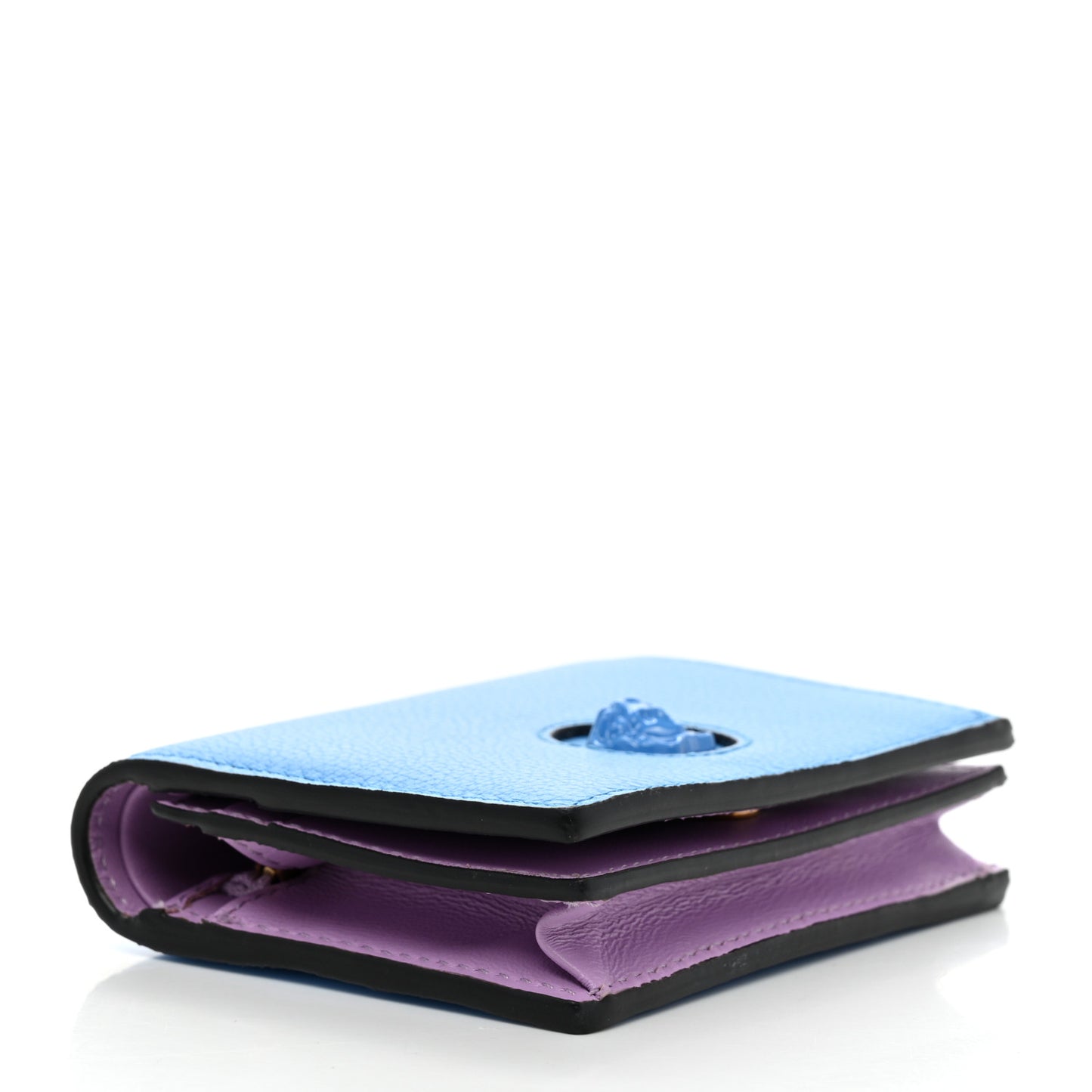 Grained Calfskin Medusa Card Holder Wallet Light Blue Purple