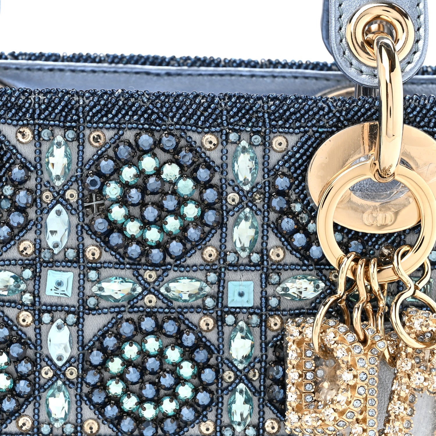 Christian Dior Metallic Calfskin Satin Celestial Bead Embroidery Cannage Mini Lady Dior Blue 8 of 10