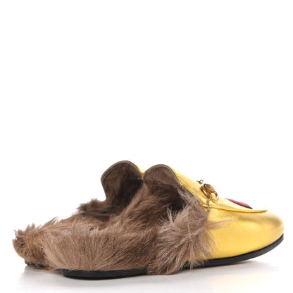 Gucci Metallic Nappa Fur Heart and Lips Womens Princetown Slippers 35 Gold 4 of 8