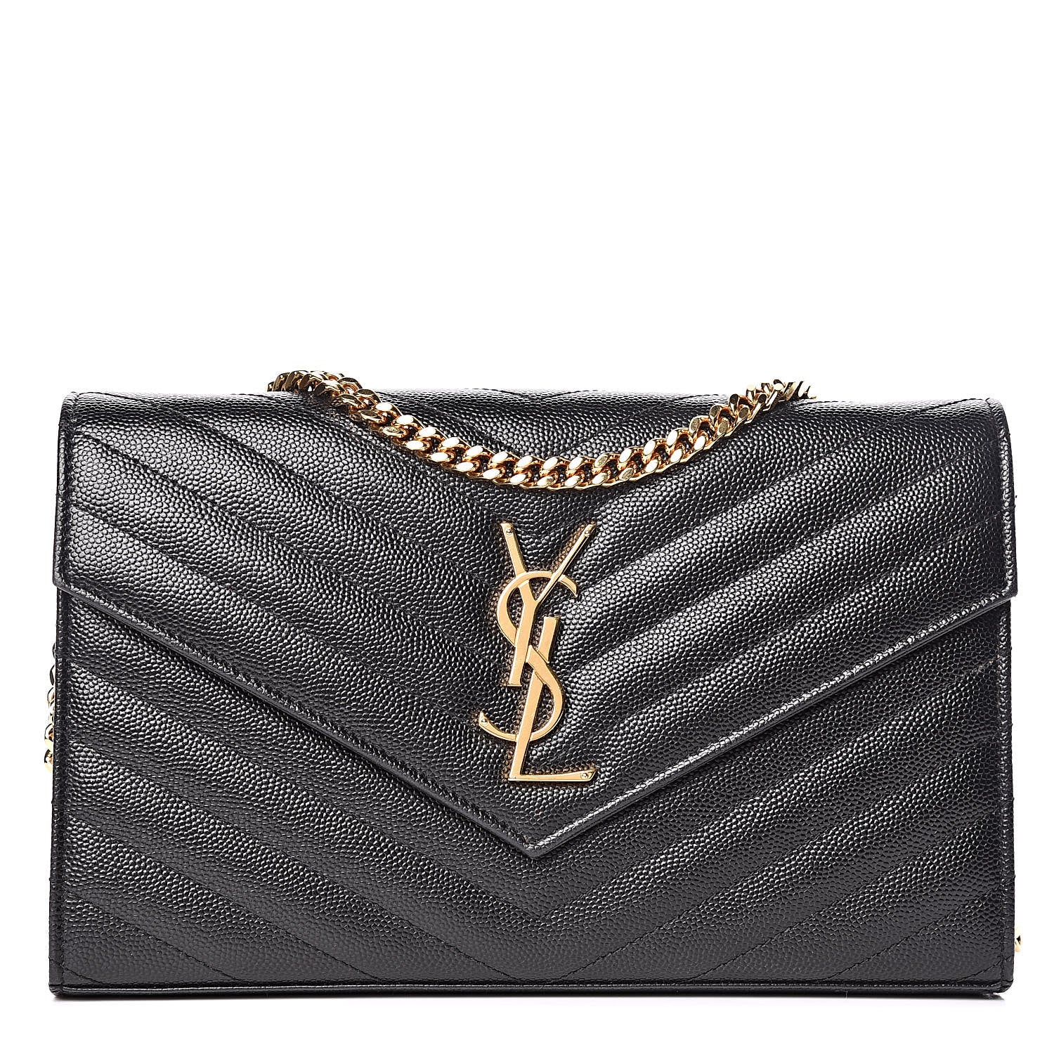 Saint Laurent Grain De Poudre Matelasse Chevron Monogram Chain Wallet Black 1 of 12