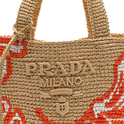 Prada Yarn Raffia Effect Crochet Embroidered Floral Logo Tote Naturale Aranci 7 of 9