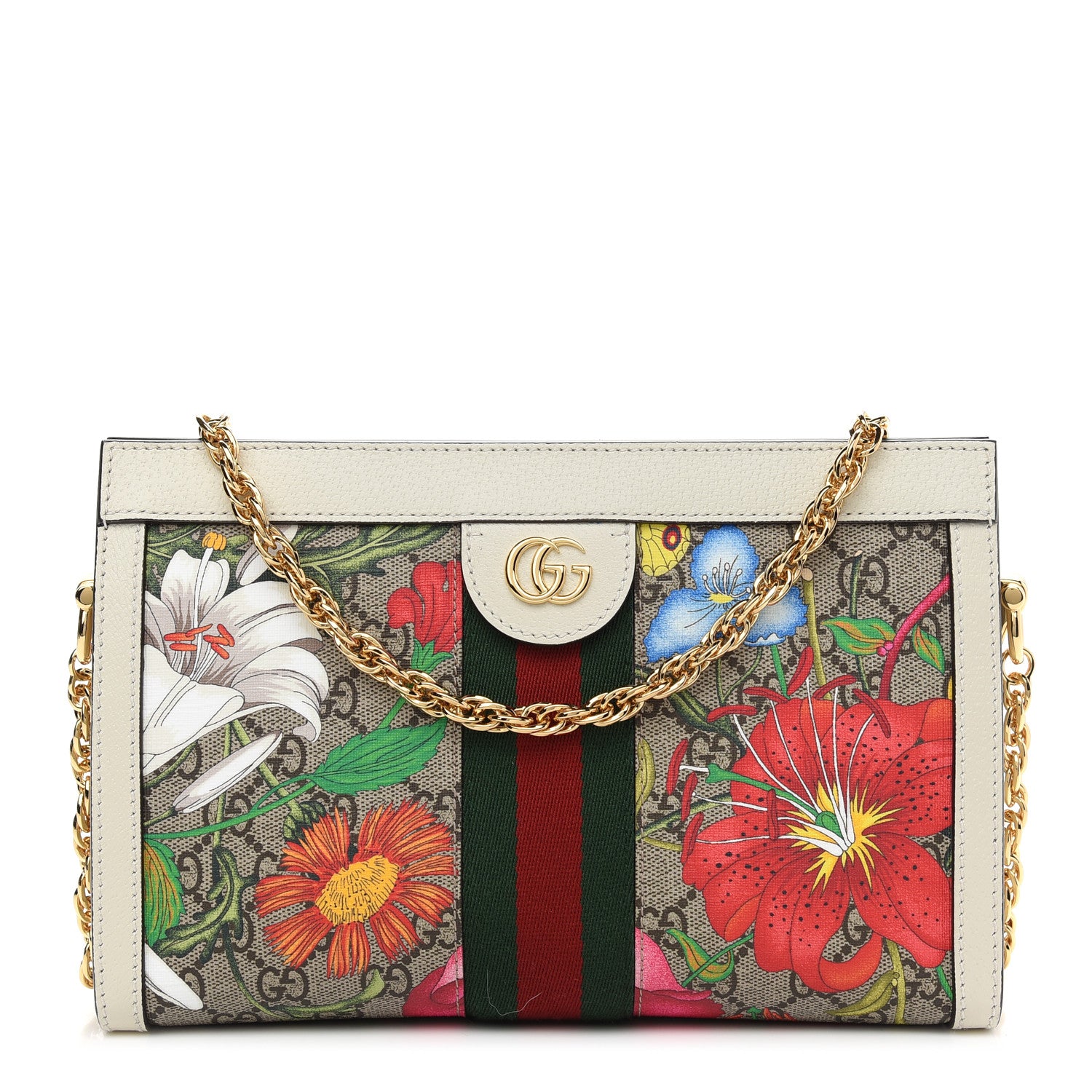 Gucci GG Supreme Monogram Flora Web Small Ophidia Chain Shoulder Bag White 1 of 9