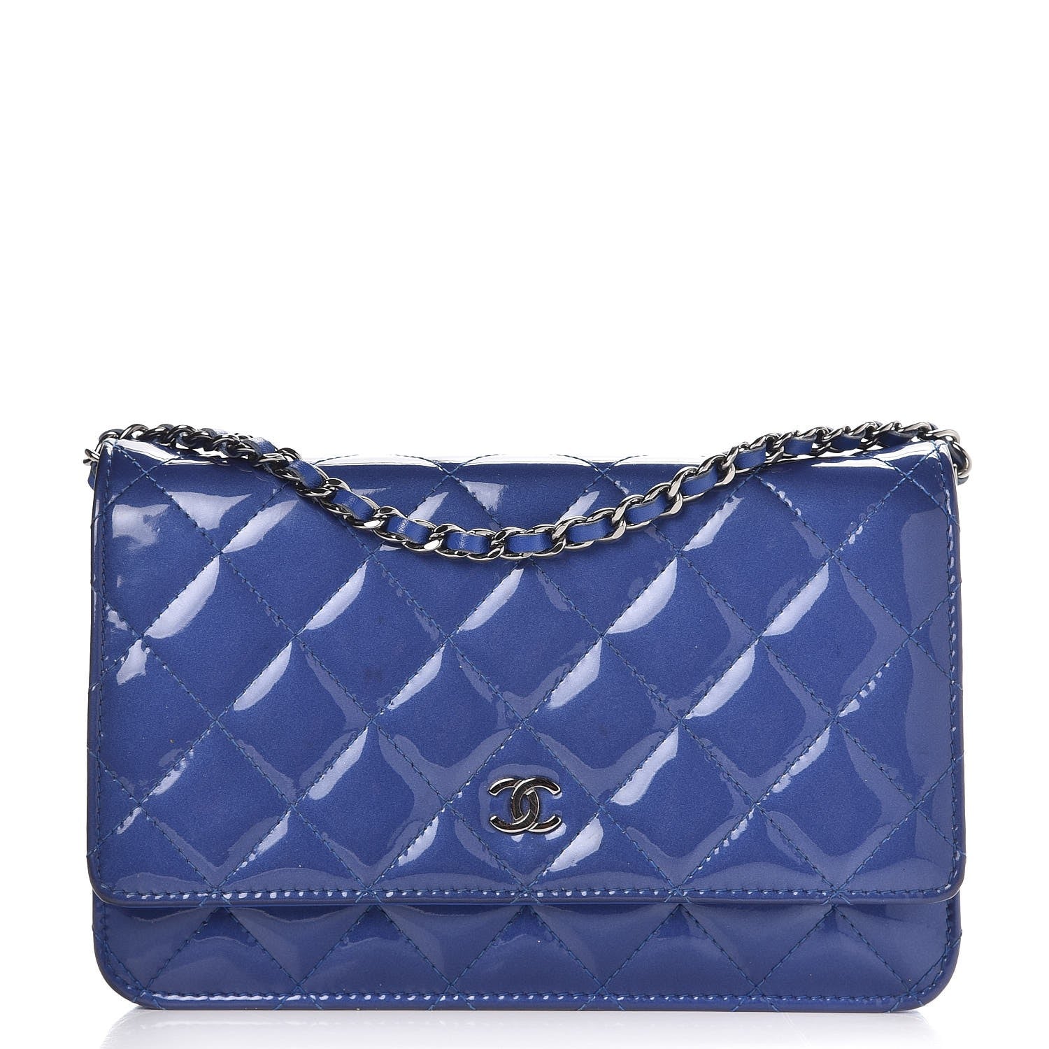 Chanel Patent Quilted Wallet On Chain WOC Blue 1 of 9