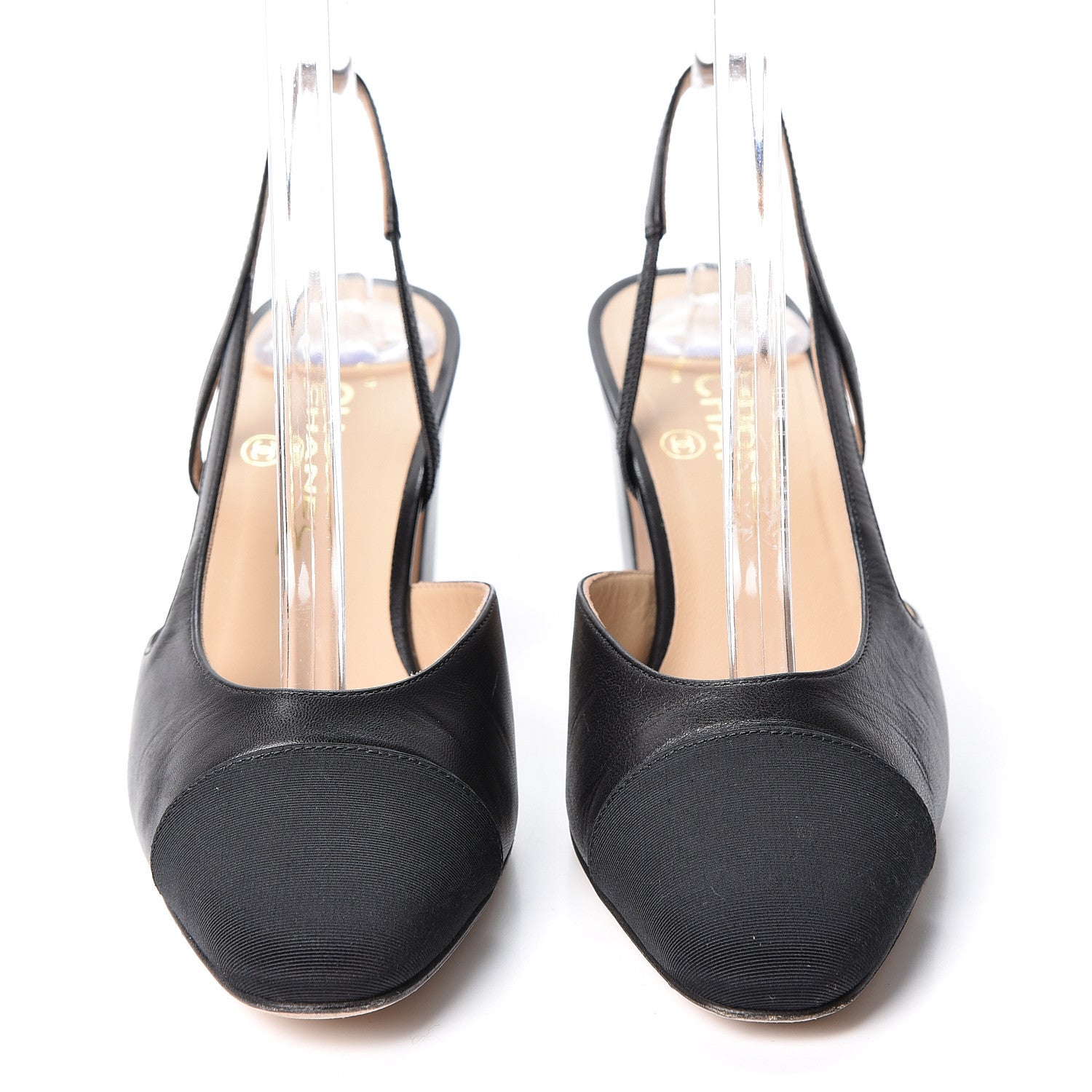 Chanel Goatskin Grosgrain Cap Toe CC Slingback Pumps 37.5 Black 2 of 10