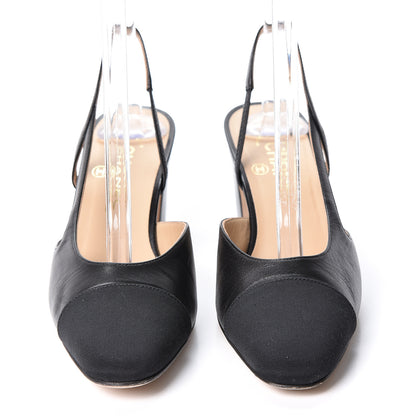 Chanel Goatskin Grosgrain Cap Toe CC Slingback Pumps 37.5 Black 2 of 10