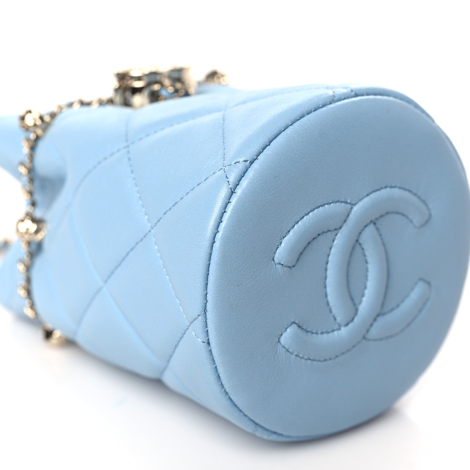 Chanel Lambskin Quilted Mini Drawstring Bucket Bag With Chain Light Blue 10 of 11