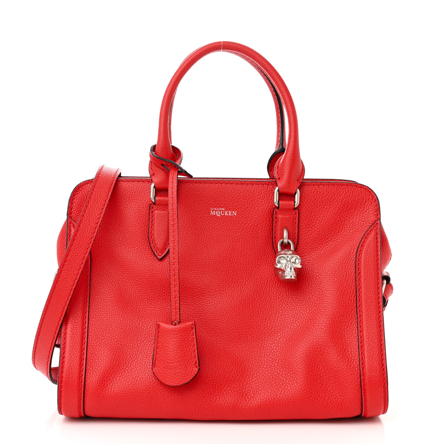Pebbled Calfskin Small Skull Padlock Zip Around Tote Red