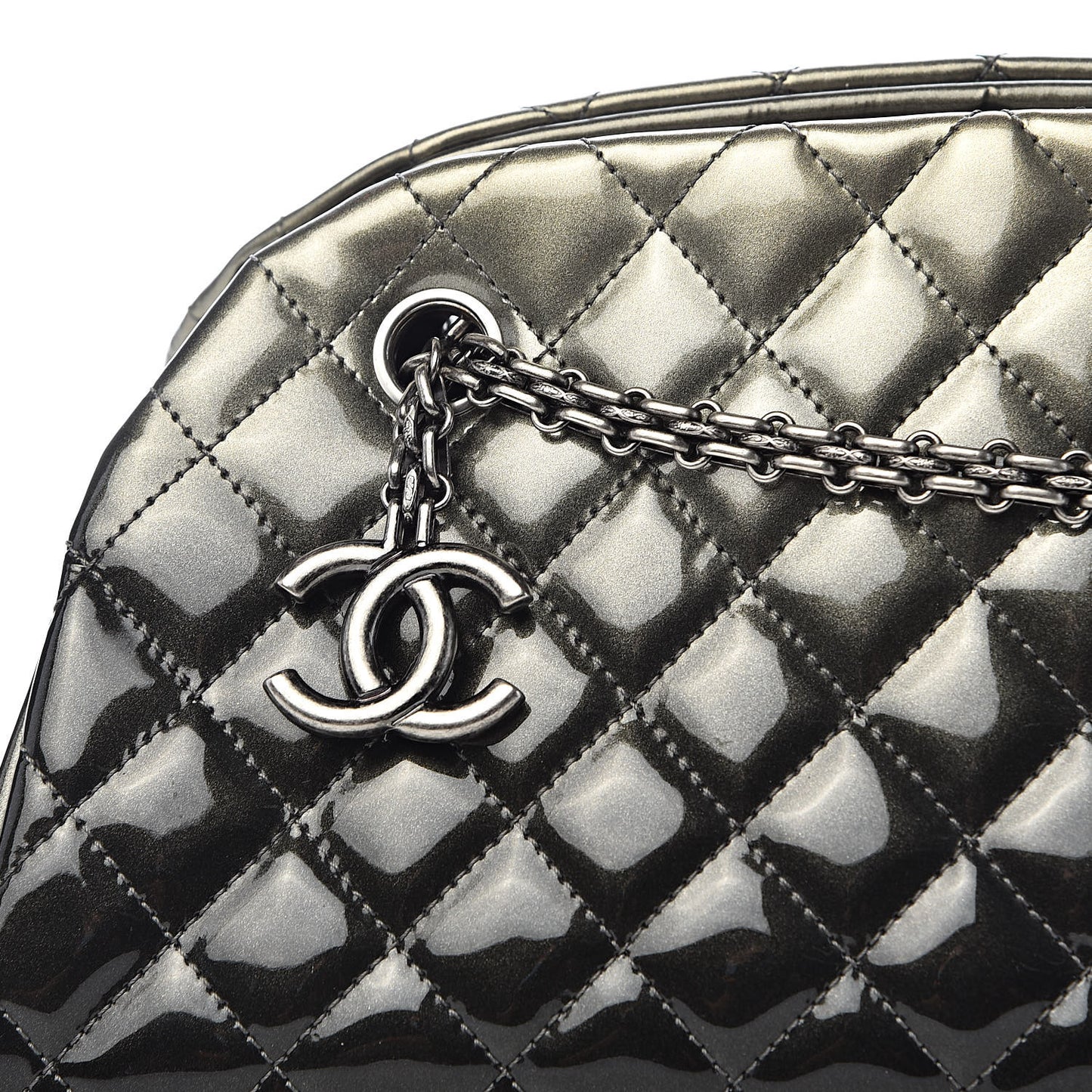 Metallic Patent Quilted Medium Just Mademoiselle Bowling Bag Silver Degrade