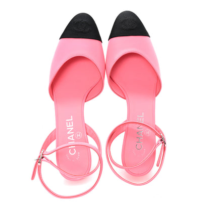Chanel Lambskin Grosgrain Cap Toe CC Slingback Pumps 37 Coral Black 2 of 10