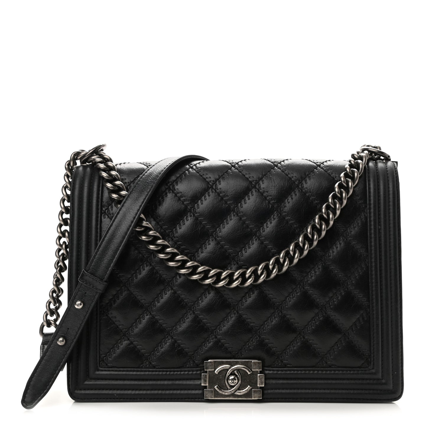 Calfskin Embossed Stitch Large Boy Flap Black