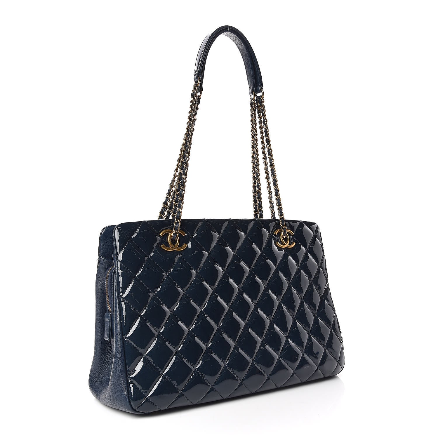 Chanel Patent Goatskin Quilted Small CC Eyelet Tote Blue 3 of 9